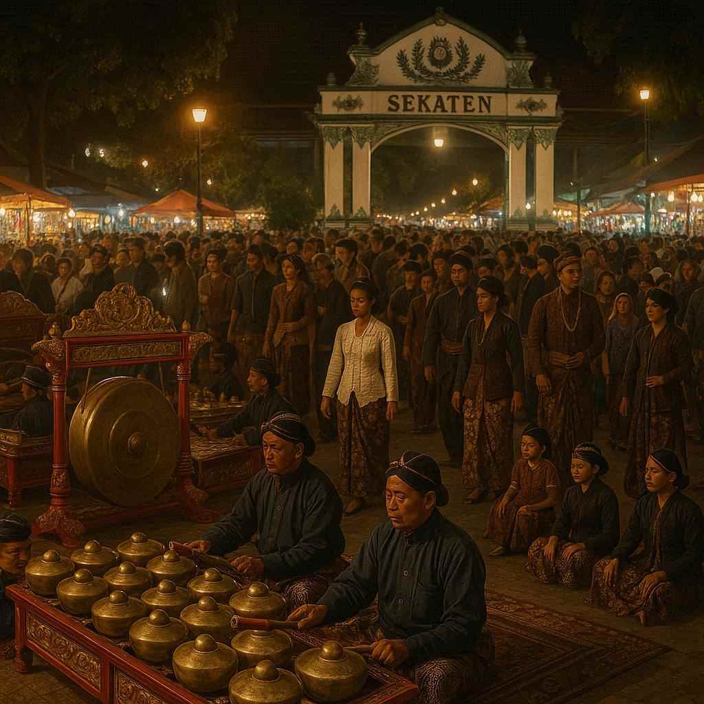 Suasana Sekaten sebagai salah satu budaya yang ada di Jawa dengan gamelan dan tradisi keraton