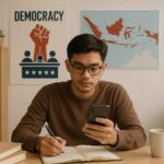 Anak muda belajar politik untuk pemula dengan membaca berita dan mencatat isu penting