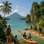 Pemandangan pariwisata Indonesia dengan wisatawan menikmati keindahan alam