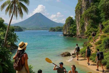 Pemandangan pariwisata Indonesia dengan wisatawan menikmati keindahan alam