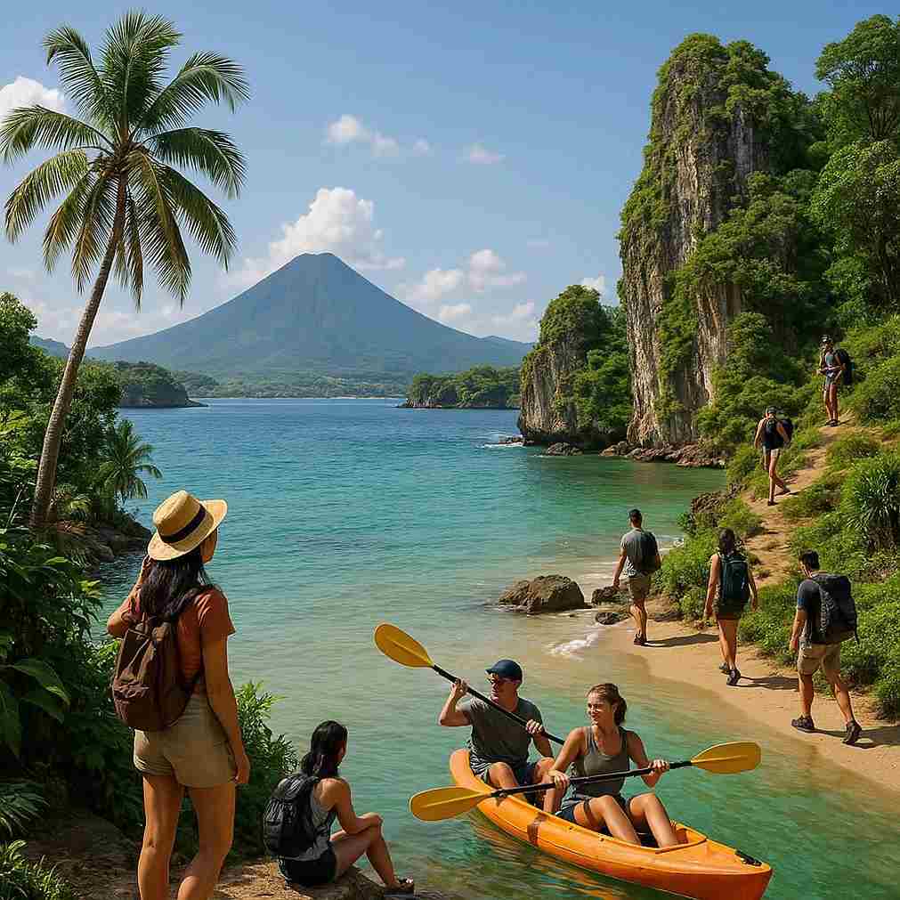 Pemandangan pariwisata Indonesia dengan wisatawan menikmati keindahan alam