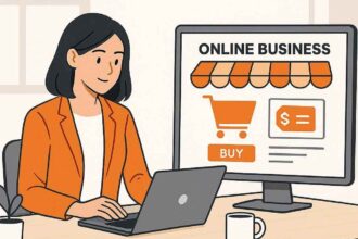 ilustrasi cara memulai bisnis online dari nol dengan laptop dan toko online