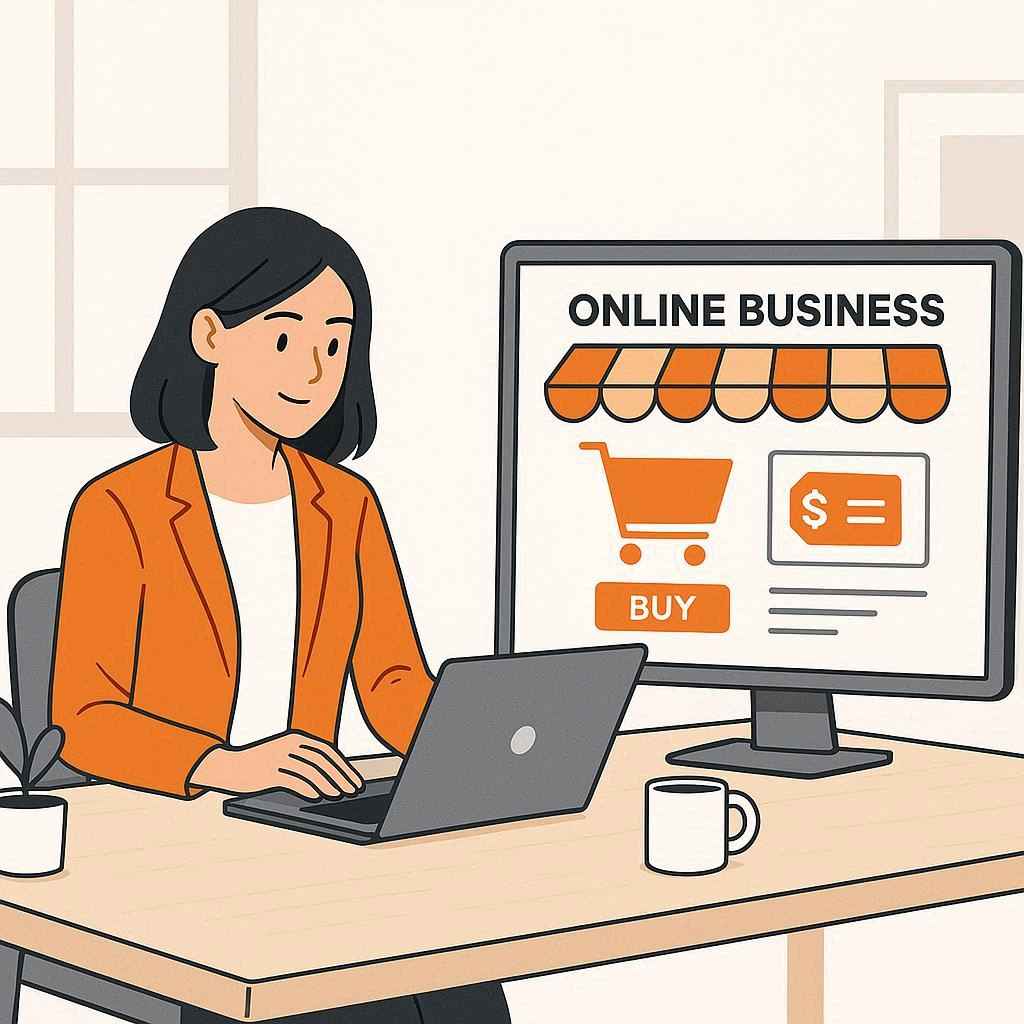 ilustrasi cara memulai bisnis online dari nol dengan laptop dan toko online