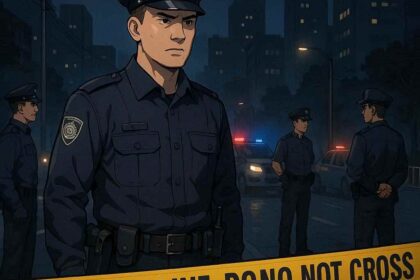 Berita kriminal hari ini dengan ilustrasi polisi dan garis TKP