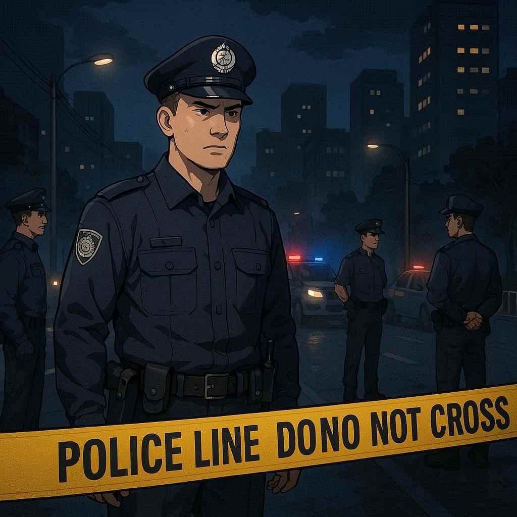 Berita kriminal hari ini dengan ilustrasi polisi dan garis TKP